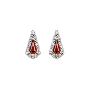 Trapeze Cut Garnet Stud Earrings with Diamond in 9ct Yellow Gold