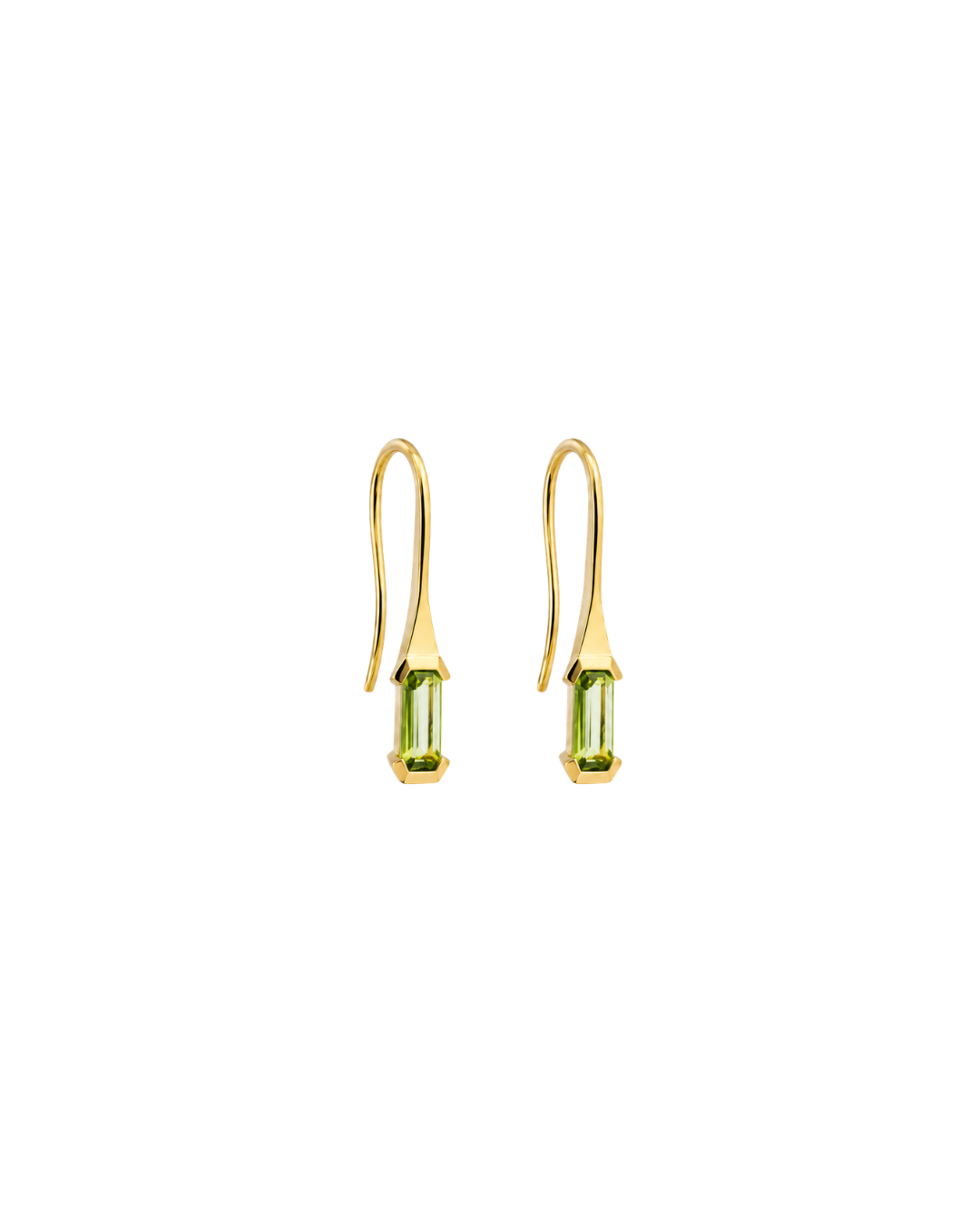 Elongated Green Peridot Hook Earrings in 9ct Yellow Gold