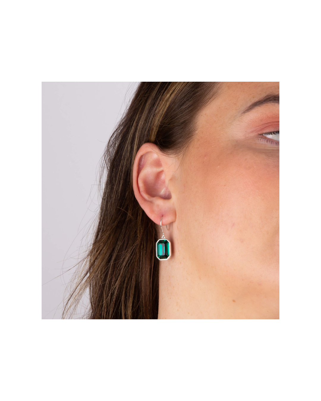 Elongated Octagon Drop Earrings with Emerald Green Crystal - Image 3
