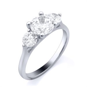 "Laboratory Grown"  3 Stone brilliant cut diamond ring, with two side stones in a claw setting. Certified D-E Colour / VS1 1.00cts centre Total diamond weight: 1.50cts Certificate number engraved on shank.