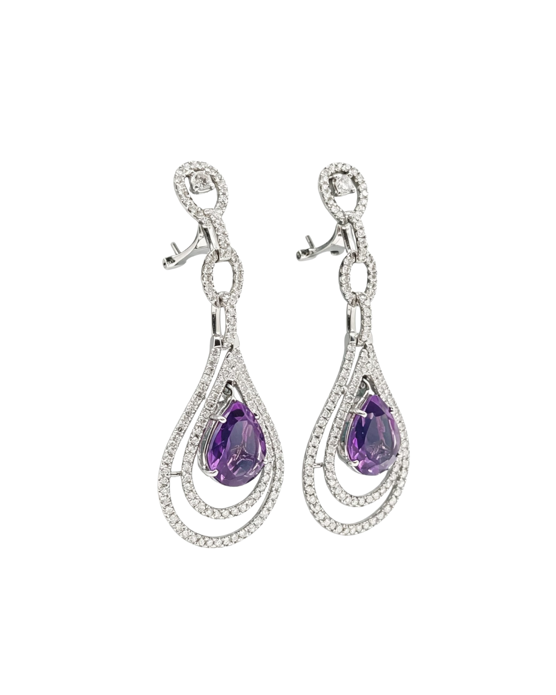 18ct White Gold/Amethyst & Diamond Drop Earrings/ - Image 2