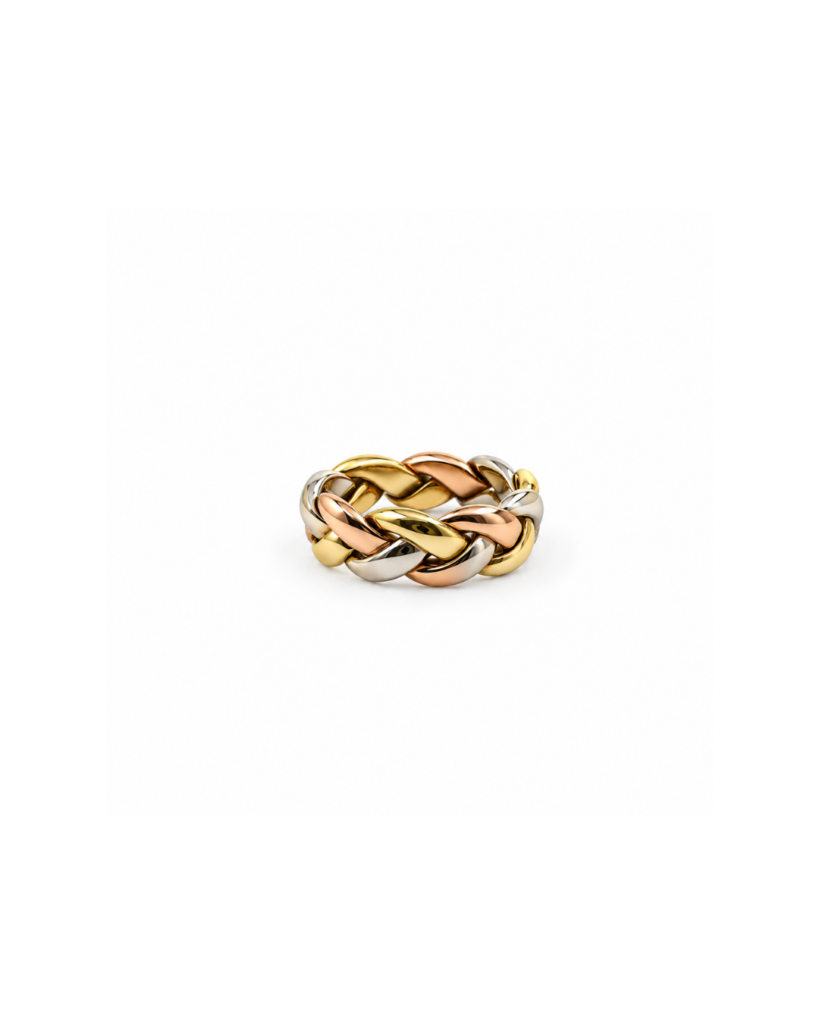 14 carat tricolour gold band/8mm braided ring